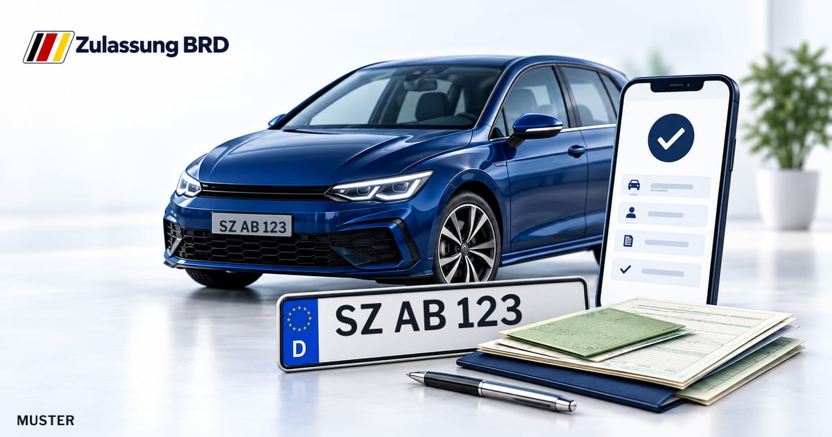 Online Fahrzeugzulassung in Salzgitter: Musterkennzeichen SZ AB 123, Auto und Fahrzeugpapiere und Smartphone. Illustration mit Logo von Zulassung BRD.